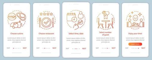 modello vettoriale dello schermo della pagina dell'app mobile di onboarding del ristorante. cena del caffè degli ospiti dell'evento. menù culinario. procedura dettagliata del sito Web con illustrazioni lineari. ux, ui, gui concetto di interfaccia per smartphone