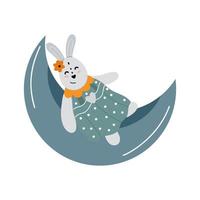 ragazza carina coniglio in un vestito seduto sulla luna vettore