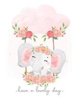 carino dolce elefantino rosa ragazza adorabile sorriso seduto sull'altalena del fiore, illustrazione disegnata a mano del fumetto animale dell'acquerello vettore