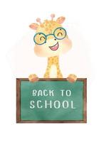 giraffa del bambino nerd felice dell'acquerello sveglio con la lavagna, torna a scuola vettore dell'acquerello della fauna selvatica degli animali del fumetto