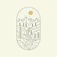 illustrazione della cascata di montagna come la grafica mono di Yellowstone e Yosemitein, il design del badge patch, il design dell'emblema, il design della t-shirt vettore