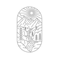 vista delle montagne e della cascata terrazzata in mono line art, design del badge patch, design dell'emblema, design della t-shirt vettore