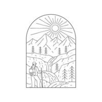 illustrazione di escursionismo, campeggio e cascata di montagna in mono line art, design badge patch, design emblema, design t-shirt vettore