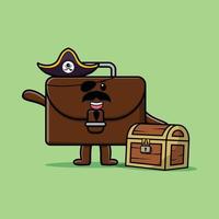 simpatico cartone animato valigia pirata con scatola del tesoro vettore