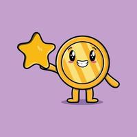 moneta d'oro simpatico cartone animato che tiene una grande stella d'oro vettore