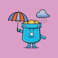 tasca simpatico cartone animato sotto la pioggia e usando l'ombrello vettore