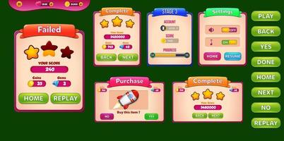 kit di interfaccia utente di gioco con menu, pop-up, schermate ed elementi di gioco vettore