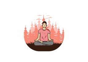 illustrazione di qualcuno che fa yoga e medita all'aperto in una foresta nella natura tra i pini vettore