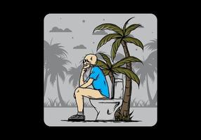 l'uomo scheletro si siede sull'illustrazione della toilette all'aperto vettore
