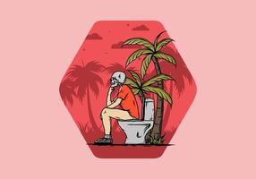 l'uomo scheletro si siede sull'illustrazione della toilette all'aperto vettore