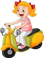 scooter di guida della ragazza del fumetto su priorità bassa bianca vettore
