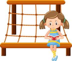 libro di lettura della ragazza sul parco giochi della rete della parete della corda di arrampicata vettore