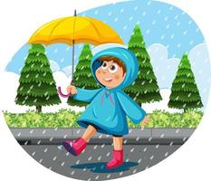una ragazza che indossa un impermeabile che tiene l'ombrello sotto la pioggia vettore