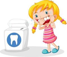 simpatico personaggio dei cartoni animati della ragazza che usa il filo interdentale denti vettore
