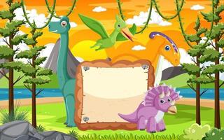 scheda vuota con simpatici personaggi dei cartoni animati di dinosauri vettore