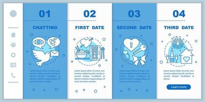 modello vettoriale di pagine Web mobili per l'onboarding di incontri su Internet. idea di interfaccia per smartphone reattiva con illustrazioni lineari. Passaggi della procedura dettagliata per lo sviluppo di relazioni sentimentali. concetto di colore