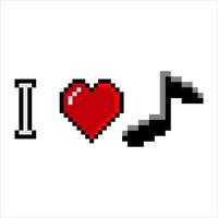 amo la musica con l'icona del simbolo del cuore e la musica delle note in pixel art. illustrazione vettoriale. vettore