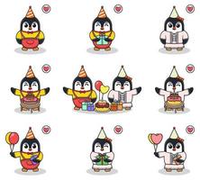 vettore di simpatico pinguino nella festa di compleanno. set di simpatici personaggi di pinguini. collezione di divertenti pinguini isolati su uno sfondo bianco.