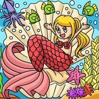 sirena seduta in un cartone animato gigante colorato conchiglia vettore