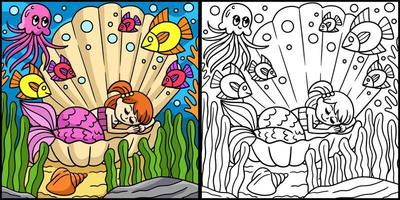 sirena addormentata in un'illustrazione colorata di conchiglia vettore
