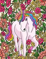 unicorno e fiori colorati fumetto illustrazione vettore