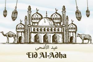 fondo disegnato a mano dell'illustrazione di eid al adha con il cammello, la mucca e la moschea vettore