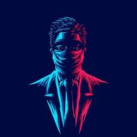 uomo mascherato sulla linea del logo pandemico ritratto pop art design colorato con sfondo scuro. illustrazione vettoriale astratta.