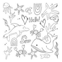 una collezione di scarabocchi marini - creature marine, pesci, stelle marine, ecc. in contorni, in bianco e nero su sfondo bianco. vettore