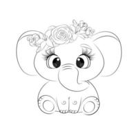 libro da colorare elefantino con fiori sulla testa illustrazione vettoriale per bambini