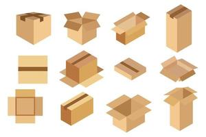 impostare la scatola di imballaggio. immagini isometriche. scatole di cartone chiuse e aperte su sfondo bianco. illustrazione vettoriale
