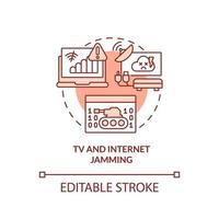 tv e internet che si bloccano sull'icona rossa del concetto. forma di guerra dell'informazione idea astratta linea sottile illustrazione. disegno di contorno isolato. tratto modificabile. vettore