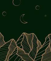 sfondo di arte astratta in stile giapponese o cinese asiatico. delineare il disegno delle cime delle montagne. contorno di doodle disegnato a mano su sfondo verde. illustrazione vettoriale dorata elegante strutturata. cielo notturno.