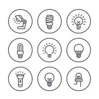 icone della linea delle lampadine nei cerchi, led, cfl, fluorescente, alogena, lampada, torcia vettore