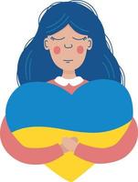 sostegno per l'Ucraina. la ragazza abbraccia un cuore con i colori della bandiera dell'ucraina. rimani con il concetto di Ucraina vettore