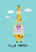 biglietto di auguri ciao estate con giraffa simpatico cartone animato. illustrazione vettoriale