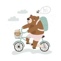 carta con simpatico cartone animato orso su una bicicletta. illustrazione vettoriale