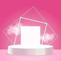 quadrati e podio con cornice a rombo in piedi su sfondo rosa pastello. Piedistallo 3d per l'illustrazione vettoriale del prodotto. scena con rettangolo luminoso glitter. decorazione astratta realistica.