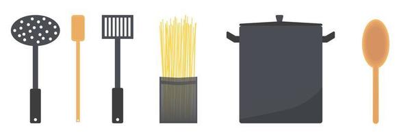 impostare l'utensile e gli strumenti per cucinare l'illustrazione piatta di vettore di spaghetti