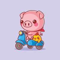 simpatico cartone animato maiale e pulcino in sella a uno scooter vettore