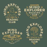 modello di logo disegnato a mano vintage retrò del club di lettura di esploratore della mente vettore