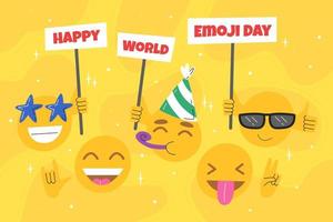 emoji carino con diverse espressioni facciali su sfondo giallo. felice giornata mondiale delle emoji, 17 luglio. concetto di celebrazione con emoticon divertenti che tengono striscioni. illustrazione piatta disegnata a mano vettoriale