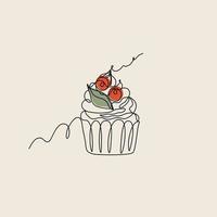 cupcake in stile line art, dessert dolce con frutti di bosco e menta. illustrazione vettoriale minimalista per logo, carta, invito.