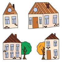 insieme vettoriale di case in stile doodle. case di mattoni e alberi.
