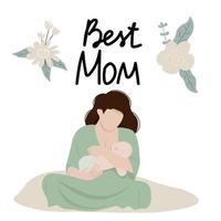 madre che allatta un bambino. illustrazione di allattamento al seno, scritta felice per la festa della mamma. perfetto per carte, flaer, regali, poster, banner, biglietti di compleanno. vettore