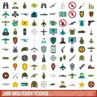 100 set di icone militari, stile piatto vettore