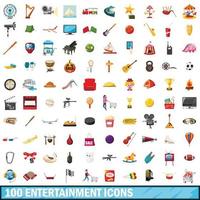 100 icone di intrattenimento impostate, stile cartone animato vettore
