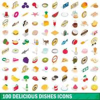 100 piatti deliziosi set di icone, stile 3d isometrico vettore