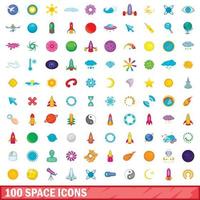100 icone dello spazio impostate, stile cartone animato vettore