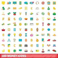 100 icone di denaro impostate, stile cartone animato vettore