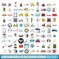 100 set di icone di logistica e consegna, stile cartone animato vettore